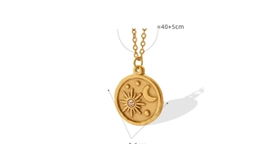 Detailed view of sun and moon gold pendant necklace with size markings 1.6cm and 45cm