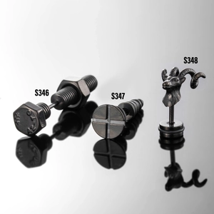 Industrial style stainless steel earrings featuring screw and ram head designs in dark grey
