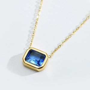 Minimalist stainless steel necklace with square blue zircon pendant in gold finish