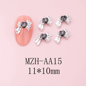 Ciondoli per unghie a fiocco argento con strass cuore nero, misura 11x10mm per nail art DIY