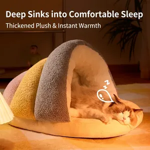 Panier Chat Semi Fermé Lit Peluche Chaud Grotte Animaux Forme Pantoufle Nid Douillet Épais Pour Petits Chiens Et Chats