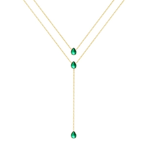 Double-layer gold Y-shaped necklace featuring vibrant emerald green teardrop pendants