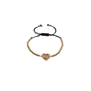 Adjustable black rope heart bracelet with gold beads and colorful zircon stones