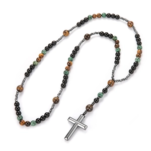Handmade African turquoise and tiger eye stone cross necklace for men with beads