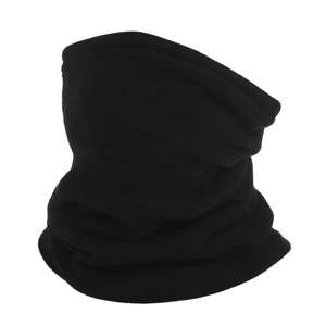 Close-up of black thermal fleece neck warmer showing soft fabric texture and stitching