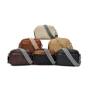 Quilted crossbody bag collection in six colors with geometric patterns and wide straps