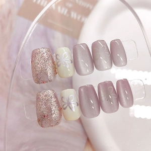 Handmade Press On Nails Cat Eye Flower Design Glitter Glossy ABS Square Round Shape Reusable For Women