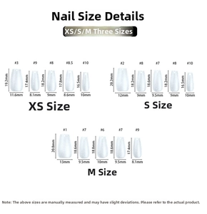 Detailed size chart for press-on nails including XS, S, and M dimensions for lengths and widths