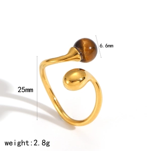 18k gold plated stainless steel ring with a 6.6mm tiger eye stone bead centerpiece