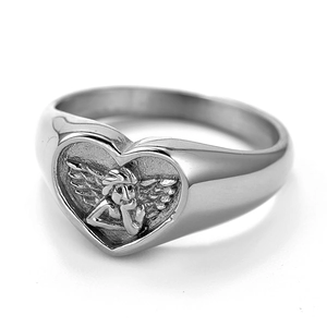 Polished stainless steel ring with heart shaped angel relief engraving on white background