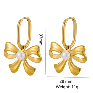 Elegant 18K gold-plated bow pearl earrings measuring 37mm by 28mm for a luxury style