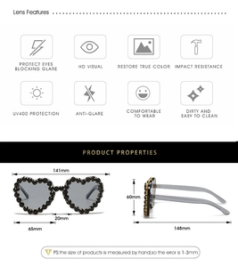Detailed dimension chart for heart-shaped sunglasses with black rhinestones and UV400 lenses