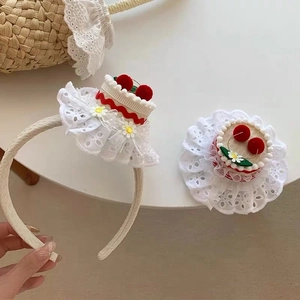 Cute cherry cake headband and hair clip set with white lace and small daisy details