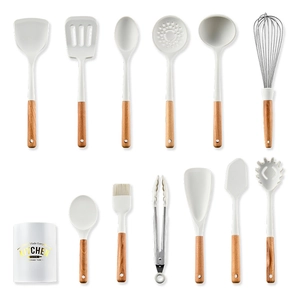 12-piece white silicone kitchen utensil set with natural wooden handles and storage bucket