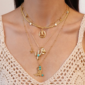 Western Cowboy Multilayer Necklace Alloy Faux Turquoise Cactus Boot Hat Horseshoe Star Pendant Vintage Gold Silver
