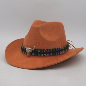Orange faux suede cowboy hat with ethnic band and silver bull skull metal ornament
