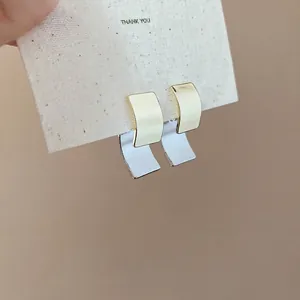 Geometric Square Stud Earrings With Silver Earring Post Two Tone Gold Silver Mirror Polished Minimalist Jewelry For Women