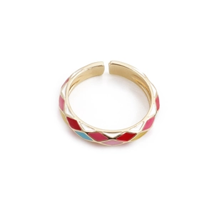 Adjustable gold plated ring with colorful enamel diamond pattern in minimalist design