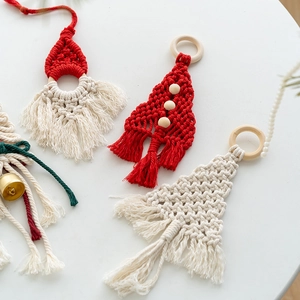 Handmade macramé Christmas gnome and tree ornaments with wooden beads and bells