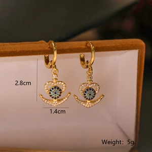 Detailed view of gold anchor heart earrings with blue zircons and size specifications