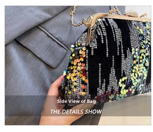 Detail showing colorful sequins with golden metal frame and sphere clasp on evening bag