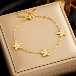 Gold Plated Stainless Steel Flower Bracelet Women Petal Charm Adjustable Chain Bead Edged Minimalist Jewelry