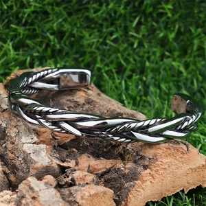 Nordic Braided Feather Open Cuff Bracelet Stainless Steel Retro Viking Style Jewelry For Men And Women