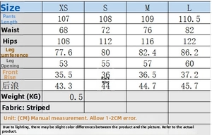 Detailed size chart for striped vest and wide leg pants set with measurements in cm