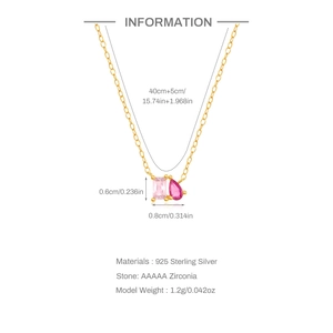 S925 sterling silver necklace with pink rectangular and magenta water-drop cubic zirconia