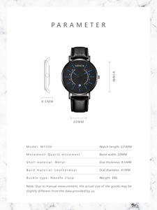 Detailed specs of Geneva quartz watch with dimensions on white marble background