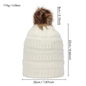 White cable knit beanie with faux fur pom pom and 115g thick thermal construction