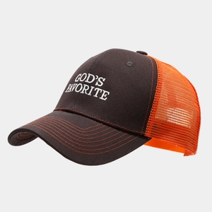 Detail of God's Favorite embroidery on brown and orange mesh trucker cap for outdoor