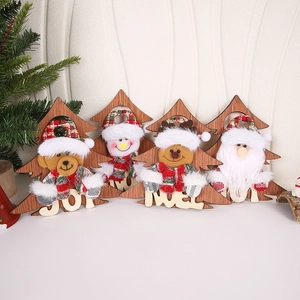 Set of four wooden Christmas tree ornaments with Santa, Snowman, Deer, and Bear figures