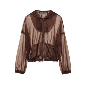 Brown semi-transparent organza hooded jacket with elastic cuffs and zippered closure