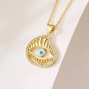18K gold plated teardrop evil eye pendant necklace with white rhinestones and blue center