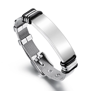 Detailed shot of the silver mesh strap and rectangular ID plate on a stainless steel bracelet
