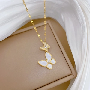 Golden titanium steel double butterfly pendant necklace with zircon and white shell inlay