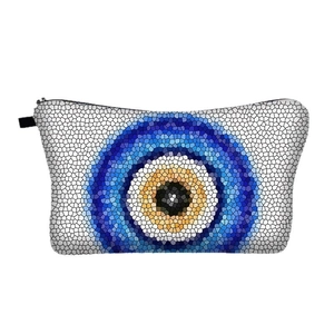 Mosaic Evil Eye travel makeup bag with durable fabric and secure black zipper closure
