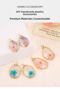 Detail showing resin flower pendants with gold wire wrap and real dried petals