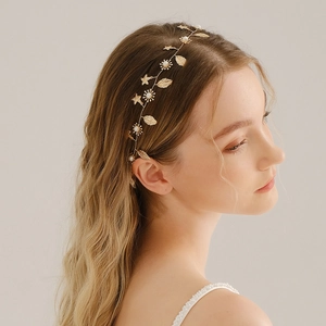 Bridal Hairband Wedding Headpiece Gold Alloy Leaf Starfish Imitation Artificial Pearl Rhinestone Handmade Hair Vine For Women