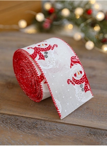 Close-up of red and white Christmas ribbon with snowman and candy cane prints