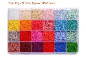 Detailed top view of a 24-grid set with 2mm colorful glass seed beads for DIY jewelry