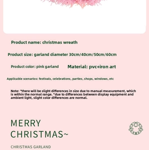 Macro detail of a pink PVC Christmas wreath with specifications and iron frame info
