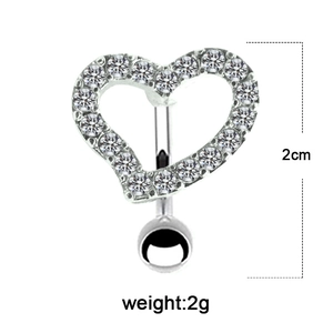Piercing nombril coeur argenté avec strass en cristal, longueur 2cm et poids 2g