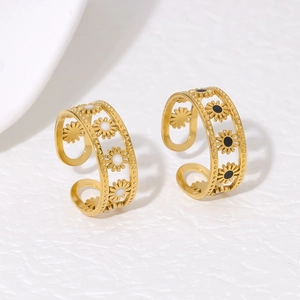 Minimalist 18K gold plated stainless steel sun flower open ring with enamel daisy design