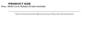 Size guide for geometric flower ring showing 2.7cm width and multiple US sizes