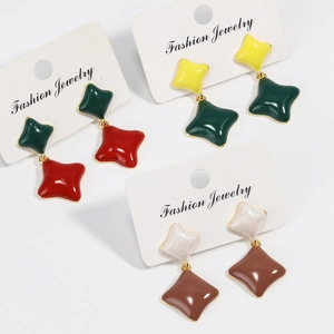 Vintage Geometric Star Rhombus Stud Earrings Brass Enamel Oil Drop Gold Plated For Women Retro Jewelry
