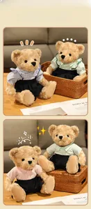 Detailed plush teddy bear toy wearing a blue striped shirt and black school uniform pants