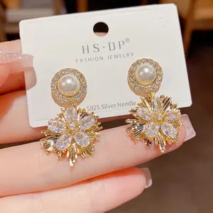 Elegant gold fireworks drop earrings with S925 silver needles and sparkling zircons