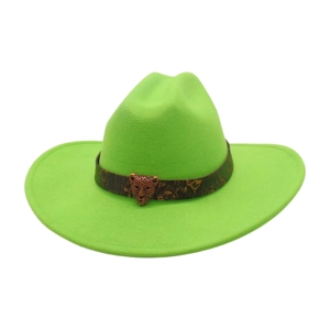 Detailed view of neon green felt fedora with leopard band and bronze leopard emblem
